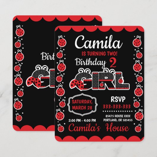 Verjaardag Lieveheersbeestje ontwerp Uitnodiging (Voorkant / Achterkant)