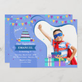 Verjaardag Lijst Blue Photo Invitation Kaart (Voorkant / Achterkant)