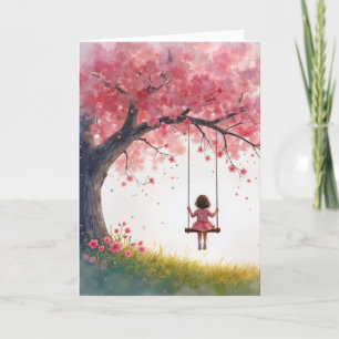 Verjaardag Little Girl op Cherry Tree Swing Kaart