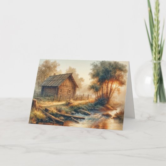 Verjaardag Log Cabin in Golden Morning Mist Kaart (Voorkant)