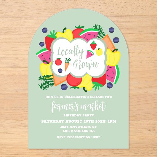 Verjaardag lokale boerenmarkt acryl uitnodigingen (Voorkant)