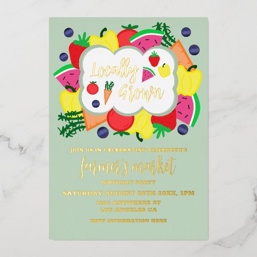 Verjaardag lokale boerenmarkt folie uitnodiging (Voorkant)