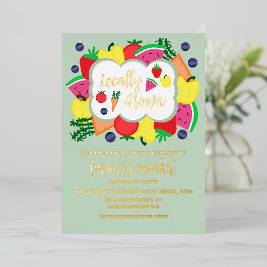 Verjaardag lokale boerenmarkt folie uitnodiging (Staand Voorkant)