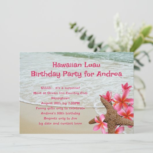 Verjaardag Luau Pink Frangipani Starfish Uitnodigi Kaart
