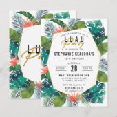 Verjaardag Luau Tropical Palm Leaves & Monstera Uitnodiging Briefkaart (Voorkant / Achterkant)