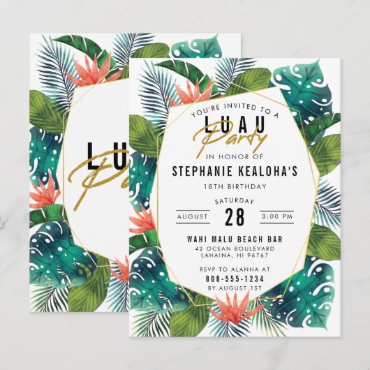 Verjaardag Luau Tropical Palm Leaves & Monstera Uitnodiging Briefkaart (Voorkant / Achterkant)