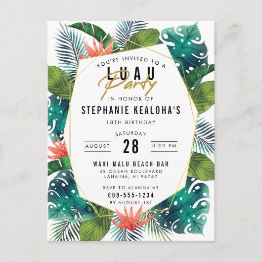 Verjaardag Luau Tropical Palm Leaves & Monstera Uitnodiging Briefkaart (Voorkant)