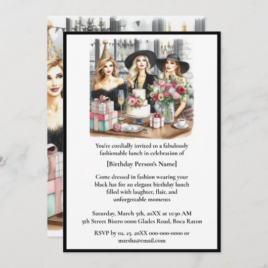 Verjaardag Lunch Chic Dames Zwart Pet Uitnodiging (Voorkant / Achterkant)