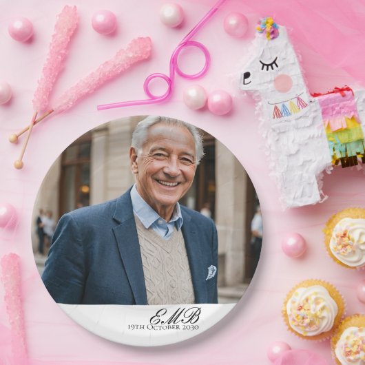 Verjaardag Mannelijk Stijlvolle Foto Wit Monogram Papieren Bordje (Feest)