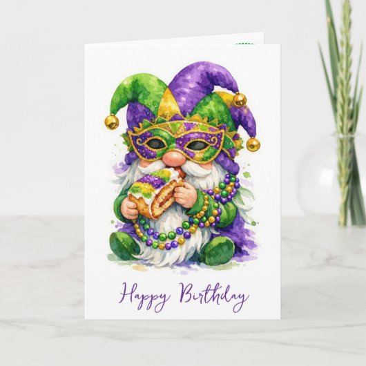Verjaardag Mardi Gras Kabouter Eet King Cake Kaart (Voorkant)