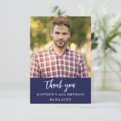 Verjaardag marine blauw foto eenvoudig script bedankkaart (Staand voorkant)