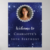 Verjaardag marine blauw glitter foto diamanten wel poster (Voorkant)