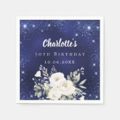 Verjaardag marine blauw glitter witte bloemen servet (Voorkant)