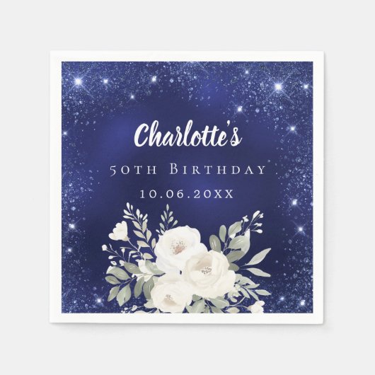 Verjaardag marine blauw glitter witte bloemen servet (Voorkant)