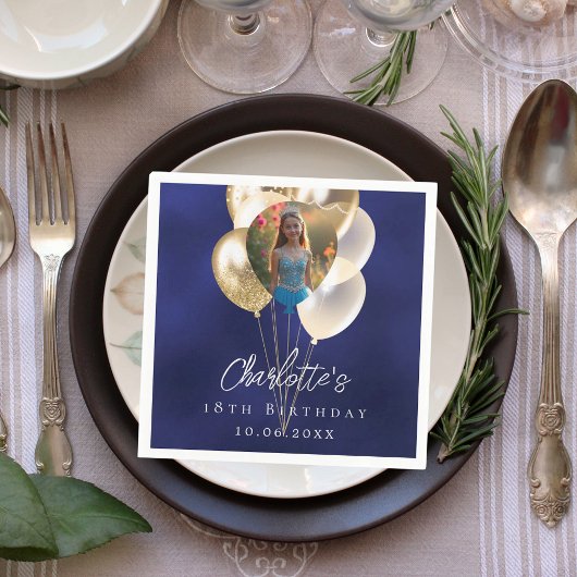 Verjaardag marine blauw goud ballonnen foto servet