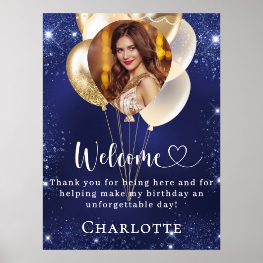 Verjaardag marine blauw goud ballonnen foto welkom poster (Voorkant)
