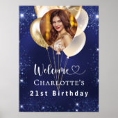 Verjaardag marine blauw goud ballonnen foto welkom poster (Voorkant)