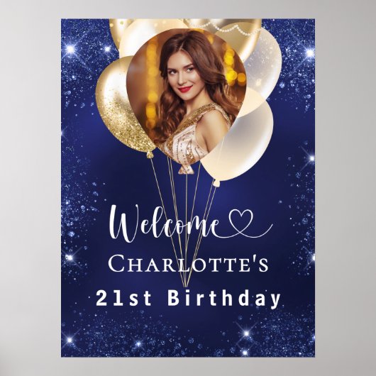 Verjaardag marine blauw goud ballonnen foto welkom poster (Voorkant)