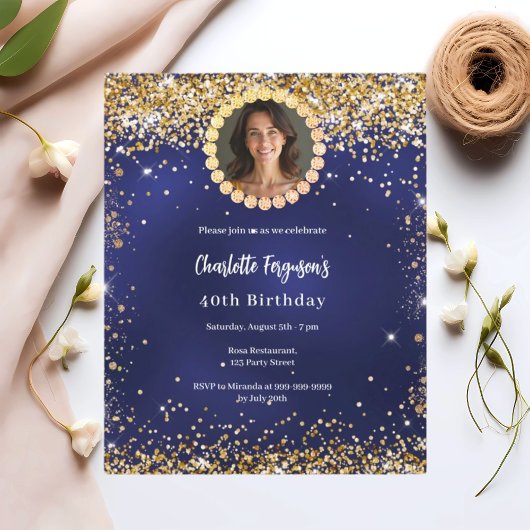 Verjaardag marine blauw goud diamant foto uitnodig