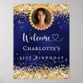 Verjaardag marine blauw goud foto welkom poster (Voorkant)