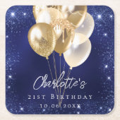 Verjaardag marine blauw goud glitter ballonnen kartonnen onderzetters (Voorkant)