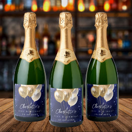 Verjaardag marine blauw goud glitter ballonnen sparkling wijnetiket