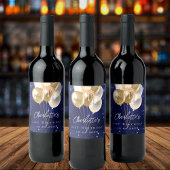 Verjaardag marine blauw goud glitter ballonnen wijn etiket