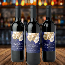 Verjaardag marine blauw goud glitter ballonnen wijn etiket