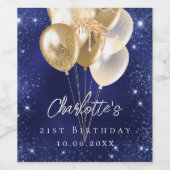 Verjaardag marine blauw goud glitter ballonnen wijn etiket (Enkel label)
