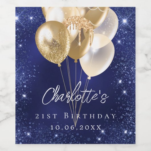 Verjaardag marine blauw goud glitter ballonnen wijn etiket (Enkel label)
