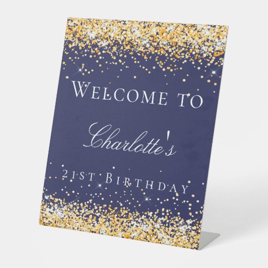 Verjaardag marine blauw goud glitter welkom reclamebord met voetstuk (Voorkant)