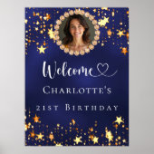 Verjaardag marine blauw goud sterren foto welkom poster (Voorkant)
