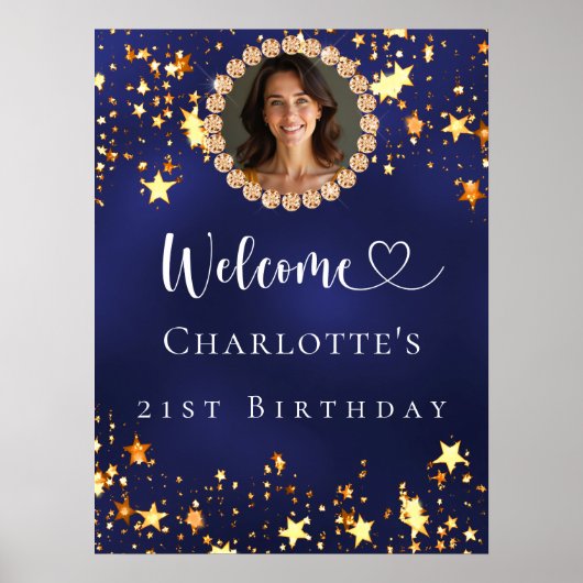 Verjaardag marine blauw goud sterren foto welkom poster (Voorkant)