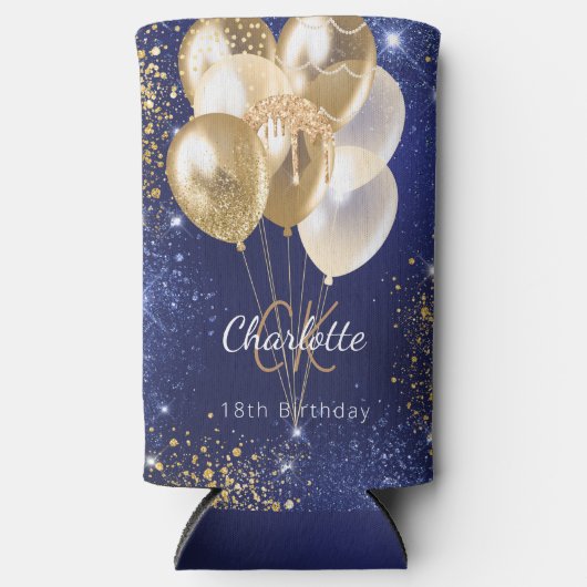 Verjaardag marine blauw gouden ballonnen monogram  seltzer blikjeskoeler (Voorkant)
