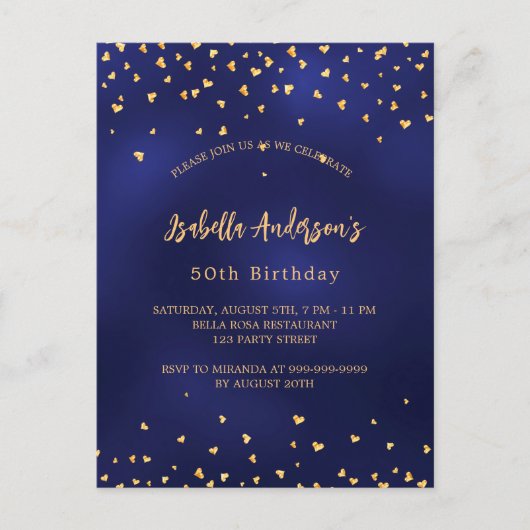 Verjaardag marine blauw gouden harten elegant scri uitnodiging briefkaart (Voorkant)