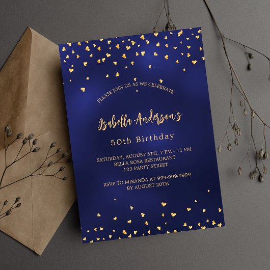 Verjaardag marine blauw gouden harten script luxe kaart