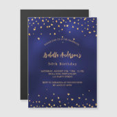 Verjaardag marine blauw gouden harten script luxe magnetische uitnodiging (Voorkant / Achterkant)