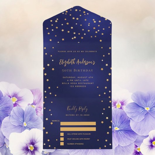 Verjaardag marine blauw gouden sterren feest RSVP All In One Uitnodiging