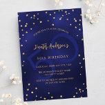 Verjaardag marine blauw gouden sterren feestnummer uitnodiging briefkaart<br><div class="desc">Een glamoureuze uitnodiging voor een verjaardagsfeestje voor hem en haar. Een marineblauwe achtergrond versierd met faux gouden sterren. De kleur van het blauw is ongelijk. Personaliseer en voeg een naam en feestdetails toe. Goudkleurige tekst. Een groot leeftijdsnummer als watermerk.</div>