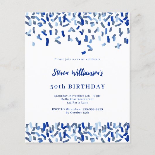 Verjaardag marine blauw wit confetti uitnodiging (Voorkant)
