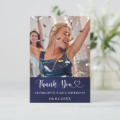Verjaardag marine blauw wit foto hart bedankkaart (Staand voorkant)