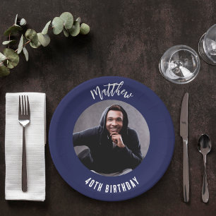 Verjaardag marine blauw wit foto papieren bordje