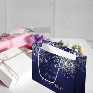Verjaardag marine blauw wit glitter groot cadeauzakje