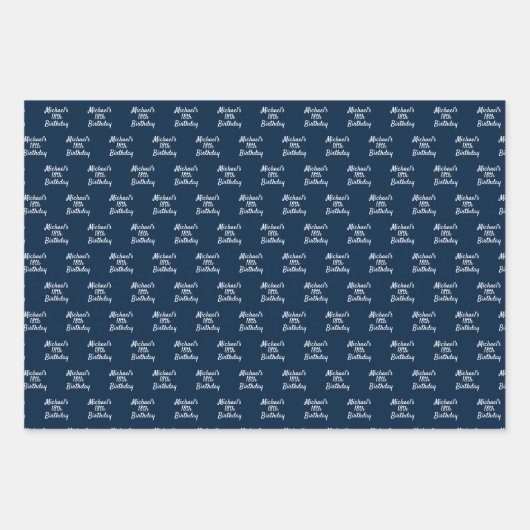 Verjaardag marine blauw wit naam script inpakpapier vel (Voorkant 2)