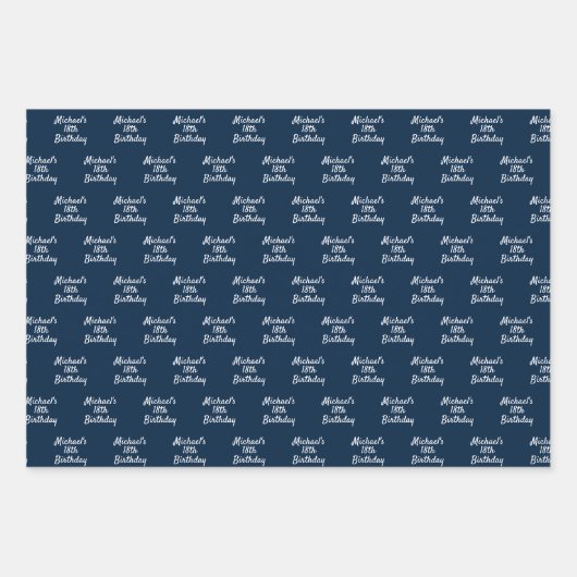 Verjaardag marine blauw wit naam script inpakpapier vel (Voorkant)