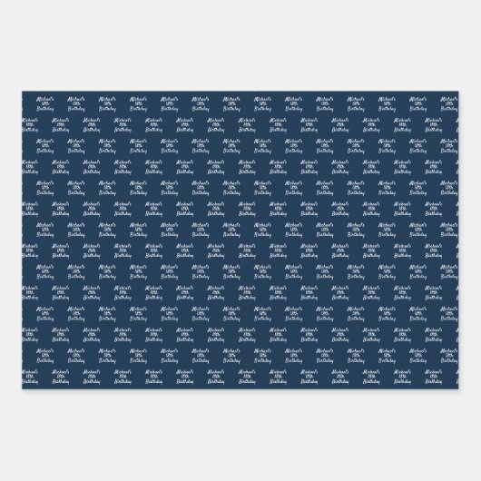 Verjaardag marine blauw wit naam script inpakpapier vel (Voorkant 3)