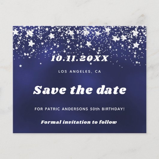 Verjaardag marine blauw zilver save date card (Voorkant)