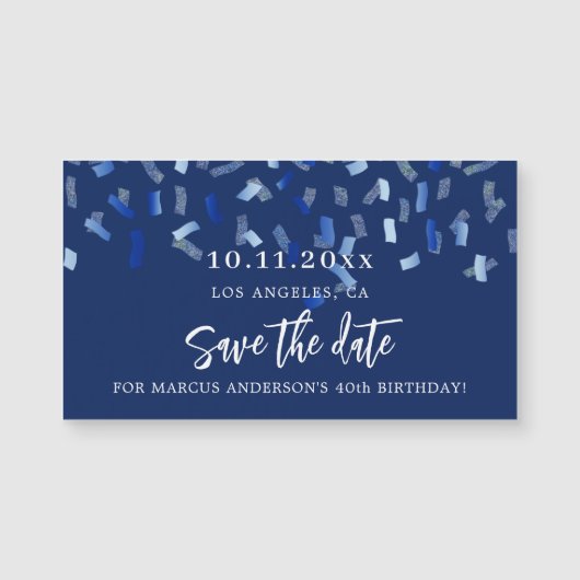 Verjaardag marine blauwe confetti bewaar de datum  (Voorkant)