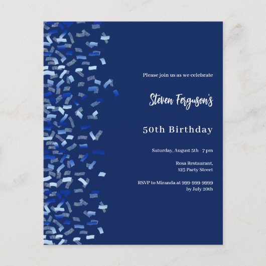 Verjaardag marine blauwe confetti uitnodiging (Voorkant)