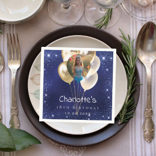 Verjaardag marine blauwe foto glitter gouden ballo servet